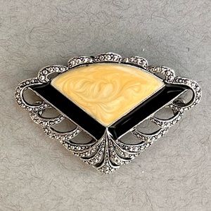Vintage fan brooch, silver-tone, marcasite, black and yellow. Beautiful.